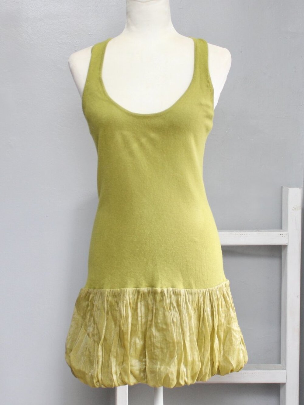 Vintage Y2K Couture 2006 Green Bubble Hem Mini Dress Blue Bow Accent Size Small